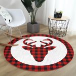 Modern Ekose Geyik Desenli Dijital Baskılı Bordo Salon ve Oturma Odası Yıkanabilir Kaymaz Tabanlı Yuvarlak Halı Realhomes