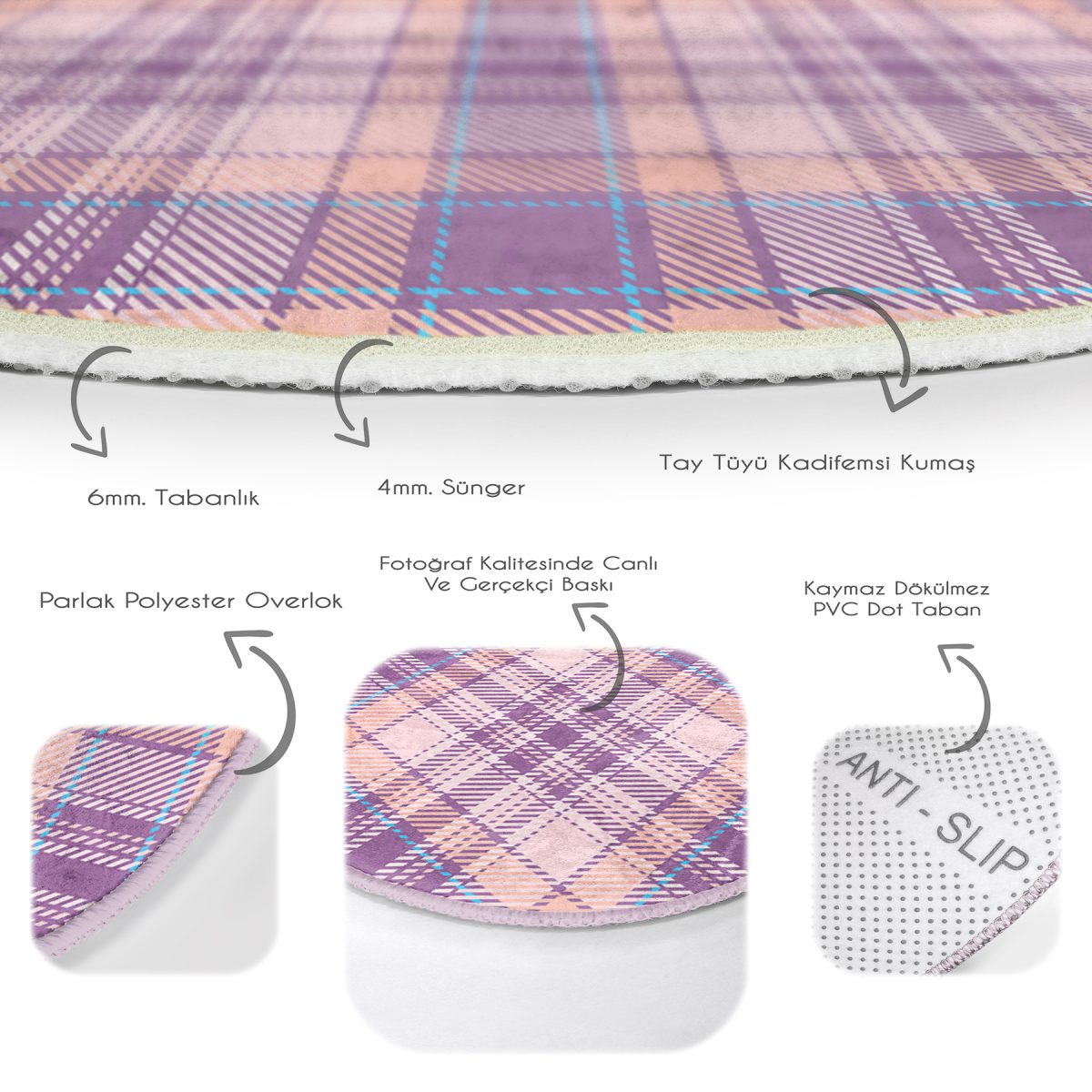 Realhomes Dijital Baskılı Lila Ekose Desenli Pembe Ofis Yıkanabilir Kaymaz Tabanlı Yuvarlak Kadife Halı Realhomes