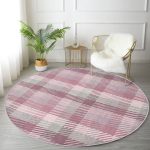 Realhomes Gri Zeminli Ekose Desenli Pembe Çocuk ve Genç Odası Yıkanabilir Kaymaz Tabanlı Yuvarlak Halı Realhomes