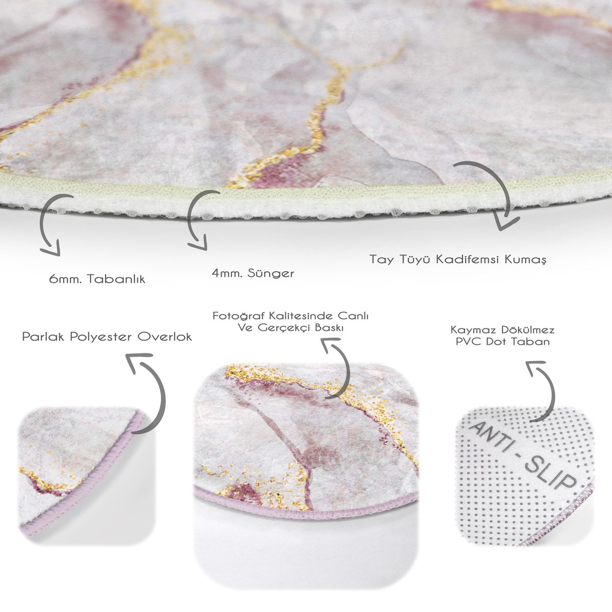 Altın Yaldız Çizgili Mermer Desenli Pembe Salon ve Oturma Odası Yıkanabilir Kaymaz Tabanlı Yuvarlak Halı Realhomes