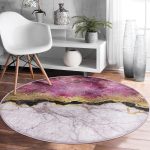 - RealHomes Dijital Baskılı Kaymaz Tabanlı Comfort Yuvarlak Halı - Realhomes  Mürdüm Beyaz Altın Desenli Modern Pembe Salon ve Oturma Odası Yıkanabilir Kaymaz Tabanlı Yuvarlak Halı Realhomes