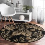 - RealHomes Dijital Baskılı Kaymaz Tabanlı Comfort Yuvarlak Halı - Realhomes  Siyah Zeminde Altın Renkli Yapraklar Desenli Salon ve Oturma Odası Yıkanabilir Kaymaz Tabanlı Yuvarlak Halı Realhomes