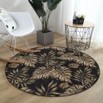 - RealHomes Dijital Baskılı Kaymaz Tabanlı Comfort Yuvarlak Halı - Realhomes  Siyah Zeminde Altın Renkli Yapraklar Desenli Salon ve Oturma Odası Yıkanabilir Kaymaz Tabanlı Yuvarlak Halı Realhomes