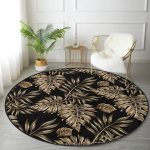 - RealHomes Dijital Baskılı Kaymaz Tabanlı Comfort Yuvarlak Halı - Realhomes  Siyah Zeminde Altın Renkli Yapraklar Desenli Salon ve Oturma Odası Yıkanabilir Kaymaz Tabanlı Yuvarlak Halı Realhomes