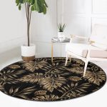 - RealHomes Dijital Baskılı Kaymaz Tabanlı Comfort Yuvarlak Halı - Realhomes  Siyah Zeminde Altın Renkli Yapraklar Desenli Salon ve Oturma Odası Yıkanabilir Kaymaz Tabanlı Yuvarlak Halı Realhomes