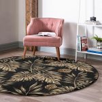 - RealHomes Dijital Baskılı Kaymaz Tabanlı Comfort Yuvarlak Halı - Realhomes  Siyah Zeminde Altın Renkli Yapraklar Desenli Salon ve Oturma Odası Yıkanabilir Kaymaz Tabanlı Yuvarlak Halı Realhomes