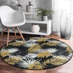- RealHomes Dijital Baskılı Kaymaz Tabanlı Comfort Yuvarlak Halı - Realhomes  Siyah Zeminde Palmiye Yaprakları Özel Tasarım Salon ve Oturma Odası Yıkanabilir Kaymaz Tabanlı Yuvarlak Halı Realhomes