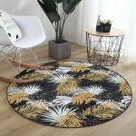 - RealHomes Dijital Baskılı Kaymaz Tabanlı Comfort Yuvarlak Halı - Realhomes  Siyah Zeminde Palmiye Yaprakları Özel Tasarım Salon ve Oturma Odası Yıkanabilir Kaymaz Tabanlı Yuvarlak Halı Realhomes