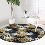 - RealHomes Dijital Baskılı Kaymaz Tabanlı Comfort Yuvarlak Halı - Realhomes  Siyah Zeminde Palmiye Yaprakları Özel Tasarım Salon ve Oturma Odası Yıkanabilir Kaymaz Tabanlı Yuvarlak Halı Realhomes