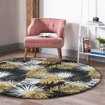 - RealHomes Dijital Baskılı Kaymaz Tabanlı Comfort Yuvarlak Halı - Realhomes  Siyah Zeminde Palmiye Yaprakları Özel Tasarım Salon ve Oturma Odası Yıkanabilir Kaymaz Tabanlı Yuvarlak Halı Realhomes