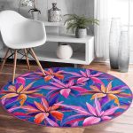 Realhomes Mavi Zeminli Yapraklar Özel Tasarımlı Pembe Banyo Yıkanabilir Kaymaz Tabanlı Yuvarlak Halı Realhomes