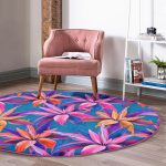 Realhomes Mavi Zeminli Yapraklar Özel Tasarımlı Pembe Banyo Yıkanabilir Kaymaz Tabanlı Yuvarlak Halı Realhomes