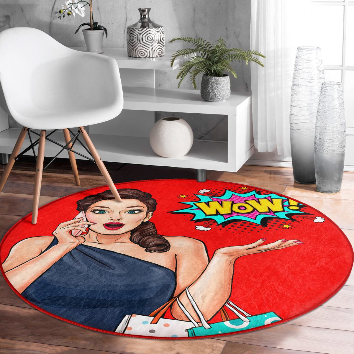 Kırmızı Zeminli Popart Wow Desenli Modern Bordo Çocuk ve Genç Odası Yıkanabilir Kaymaz Tabanlı Yuvarlak Halı Realhomes