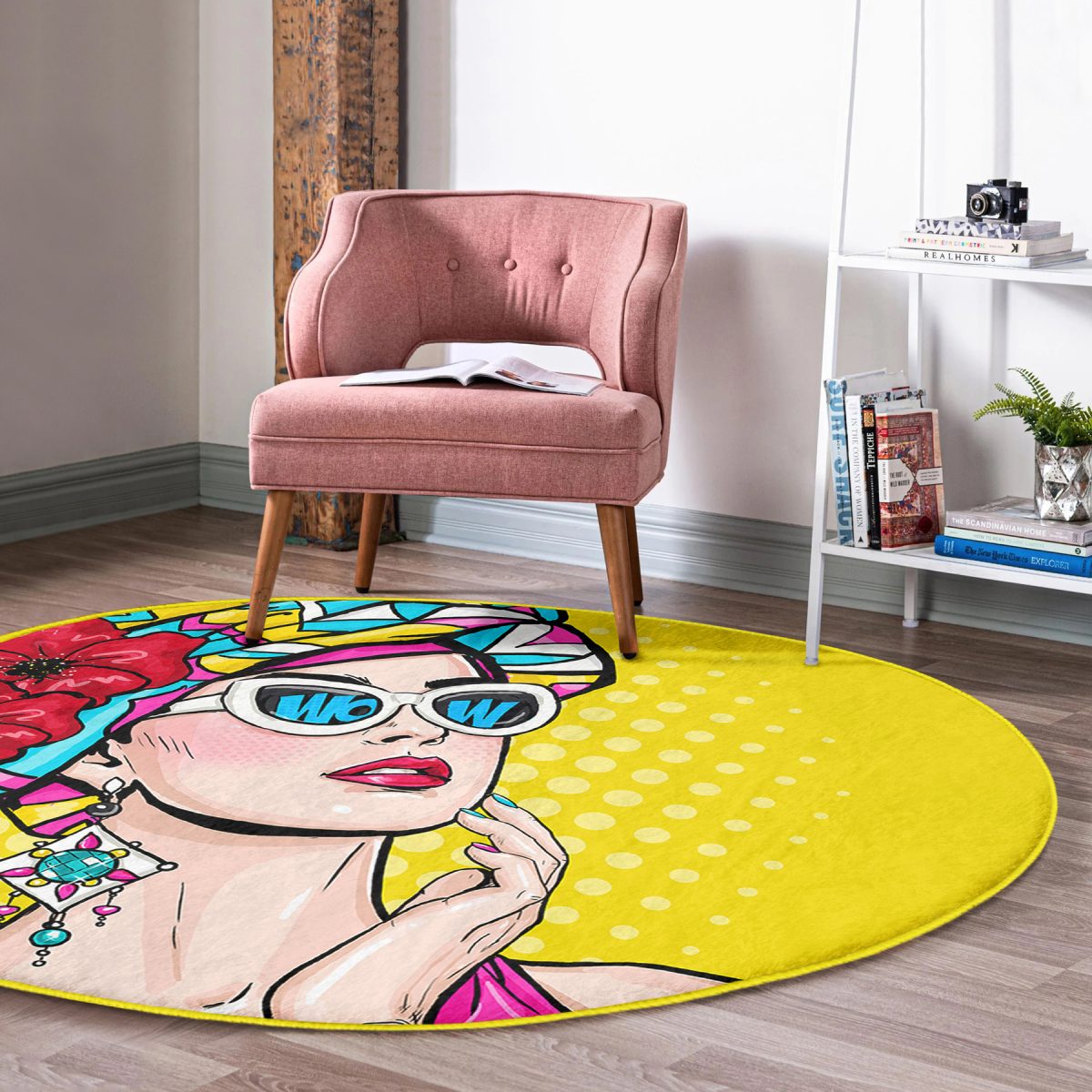 Sarı Zeminli Summer Popart Tasarımlı Gold Çocuk ve Genç Odası Yıkanabilir Kaymaz Tabanlı Yuvarlak Halı Realhomes