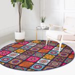 - RealHomes Dijital Baskılı Kaymaz Tabanlı Comfort Yuvarlak Halı - Realhomes  Realhomes Kareli Etnik Desenli Özel Tasarım Modern Turuncu Salon ve Oturma Odası Yıkanabilir Kaymaz Tabanlı Yuvarlak Halı Realhomes