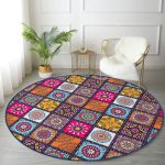 - RealHomes Dijital Baskılı Kaymaz Tabanlı Comfort Yuvarlak Halı - Realhomes  Realhomes Kareli Etnik Desenli Özel Tasarım Modern Turuncu Salon ve Oturma Odası Yıkanabilir Kaymaz Tabanlı Yuvarlak Halı Realhomes