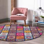 - RealHomes Dijital Baskılı Kaymaz Tabanlı Comfort Yuvarlak Halı - Realhomes  Realhomes Kareli Etnik Desenli Özel Tasarım Modern Turuncu Salon ve Oturma Odası Yıkanabilir Kaymaz Tabanlı Yuvarlak Halı Realhomes