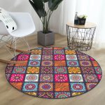 - RealHomes Dijital Baskılı Kaymaz Tabanlı Comfort Yuvarlak Halı - Realhomes  Realhomes Kareli Etnik Desenli Özel Tasarım Modern Turuncu Salon ve Oturma Odası Yıkanabilir Kaymaz Tabanlı Yuvarlak Halı Realhomes