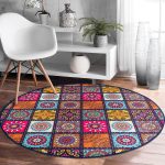 - RealHomes Dijital Baskılı Kaymaz Tabanlı Comfort Yuvarlak Halı - Realhomes  Realhomes Kareli Etnik Desenli Özel Tasarım Modern Turuncu Salon ve Oturma Odası Yıkanabilir Kaymaz Tabanlı Yuvarlak Halı Realhomes