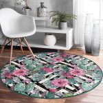 - RealHomes Dijital Baskılı Kaymaz Tabanlı Comfort Yuvarlak Halı - Realhomes  Geometrik Zeminde Çiçek ve Kaktüsler Özel Tasarım Yeşil Salon Oturma Odası Yıkanabilir Kaymaz Tabanlı Yuvarlak Halı Realhomes