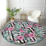 - RealHomes Dijital Baskılı Kaymaz Tabanlı Comfort Yuvarlak Halı - Realhomes  Geometrik Zeminde Çiçek ve Kaktüsler Özel Tasarım Yeşil Salon Oturma Odası Yıkanabilir Kaymaz Tabanlı Yuvarlak Halı Realhomes