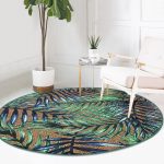 Çuval Zeminde Renkli Yapraklar Desenli Yeşil Salon ve Oturma Odası Yıkanabilir Kaymaz Tabanlı Yuvarlak Halı Realhomes