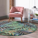 Çuval Zeminde Renkli Yapraklar Desenli Yeşil Salon ve Oturma Odası Yıkanabilir Kaymaz Tabanlı Yuvarlak Halı Realhomes