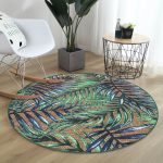 Çuval Zeminde Renkli Yapraklar Desenli Yeşil Salon ve Oturma Odası Yıkanabilir Kaymaz Tabanlı Yuvarlak Halı Realhomes