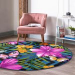 Mavi Zeminli Geometrik Çiçekler Modern Tasarımlı Renkli Banyo Yıkanabilir Kaymaz Tabanlı Yuvarlak Halı Realhomes