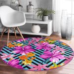 Mavi Geometrik Zeminli Çiçekler Modern Tasarım Renkli Banyo Yıkanabilir Kaymaz Tabanlı Yuvarlak Halı Realhomes