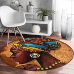 African Woman Çizimli Dijital Baskılı Modern Kahverengi Outdoor Yıkanabilir Kaymaz Tabanlı Yuvarlak Halı Realhomes