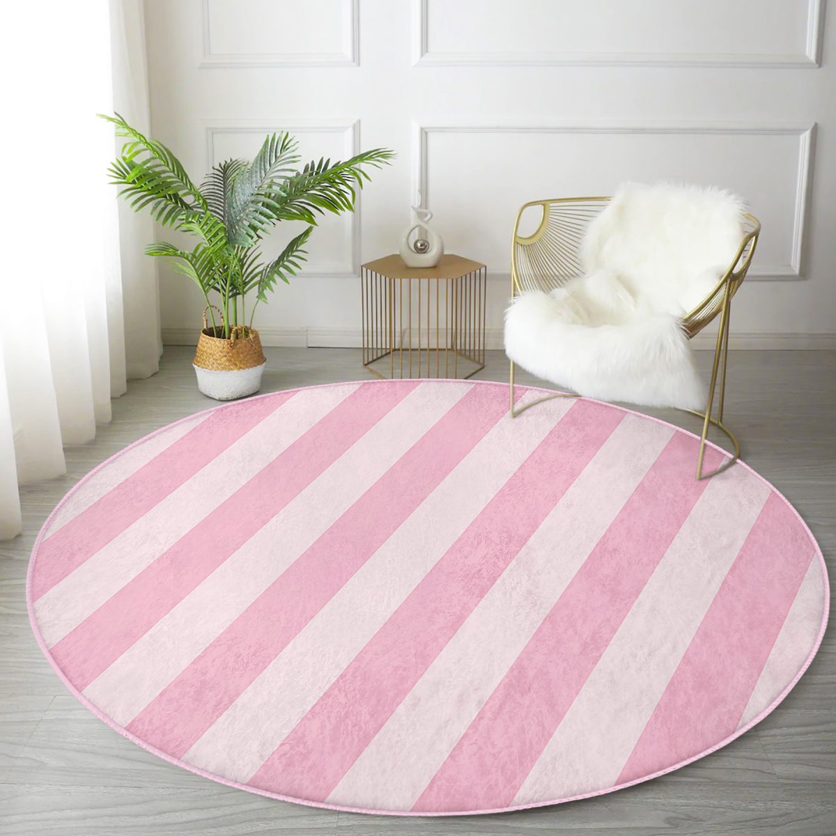 Pembe Renklerin Uyumu Modern Tasarımlı Salon ve Oturma Odası Yıkanabilir Kaymaz Tabanlı Yuvarlak Halı Realhomes