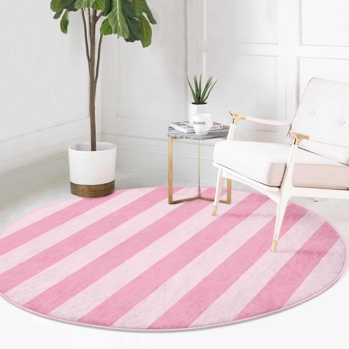 Pembe Renklerin Uyumu Modern Tasarımlı Salon ve Oturma Odası Yıkanabilir Kaymaz Tabanlı Yuvarlak Halı Realhomes