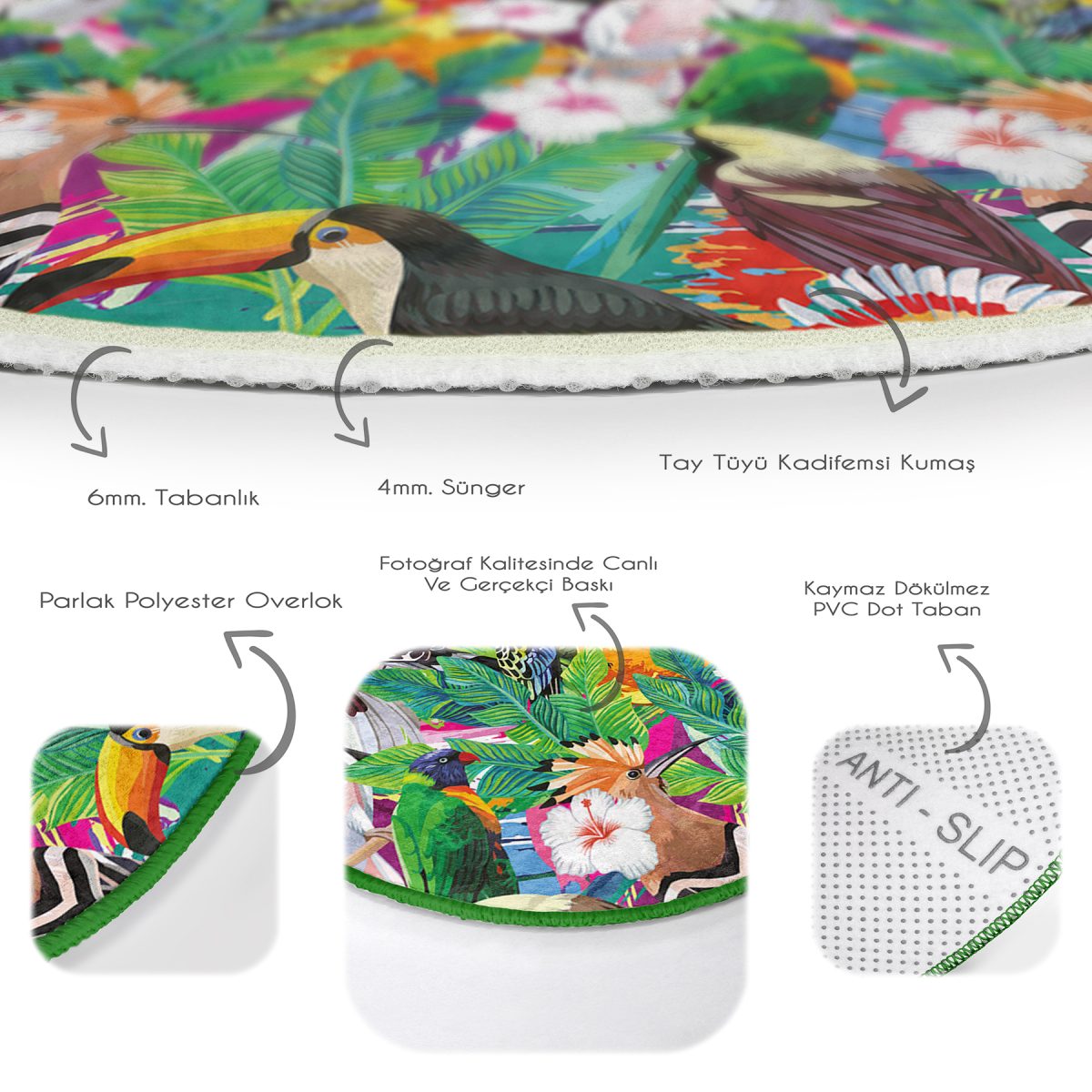 Realhomes Amazon Papağan Temalı Dijital Baskılı Yeşil Outdoor Yıkanabilir Kaymaz Tabanlı Yuvarlak Halı Realhomes