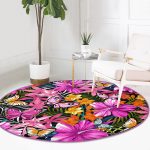 - RealHomes Dijital Baskılı Kaymaz Tabanlı Comfort Yuvarlak Halı - Realhomes  Realhomes Tropik Yaprak Kelebek Motifli Pembe Outdoor Yıkanabilir Kaymaz Tabanlı Yuvarlak Kadife Halı Realhomes