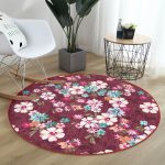 - RealHomes Dijital Baskılı Kaymaz Tabanlı Comfort Yuvarlak Halı - Realhomes  Kırmızı Zeminde Çiçek Motifli Dijital Baskılı Özel Tasarım Modern Pembe Yatak Odası Yıkanabilir Kaymaz Tabanlı Yuvarlak Halı Realhomes