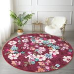 - RealHomes Dijital Baskılı Kaymaz Tabanlı Comfort Yuvarlak Halı - Realhomes  Kırmızı Zeminde Çiçek Motifli Dijital Baskılı Özel Tasarım Modern Pembe Yatak Odası Yıkanabilir Kaymaz Tabanlı Yuvarlak Halı Realhomes