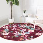 - RealHomes Dijital Baskılı Kaymaz Tabanlı Comfort Yuvarlak Halı - Realhomes  Kırmızı Zeminde Çiçek Motifli Dijital Baskılı Özel Tasarım Modern Pembe Yatak Odası Yıkanabilir Kaymaz Tabanlı Yuvarlak Halı Realhomes