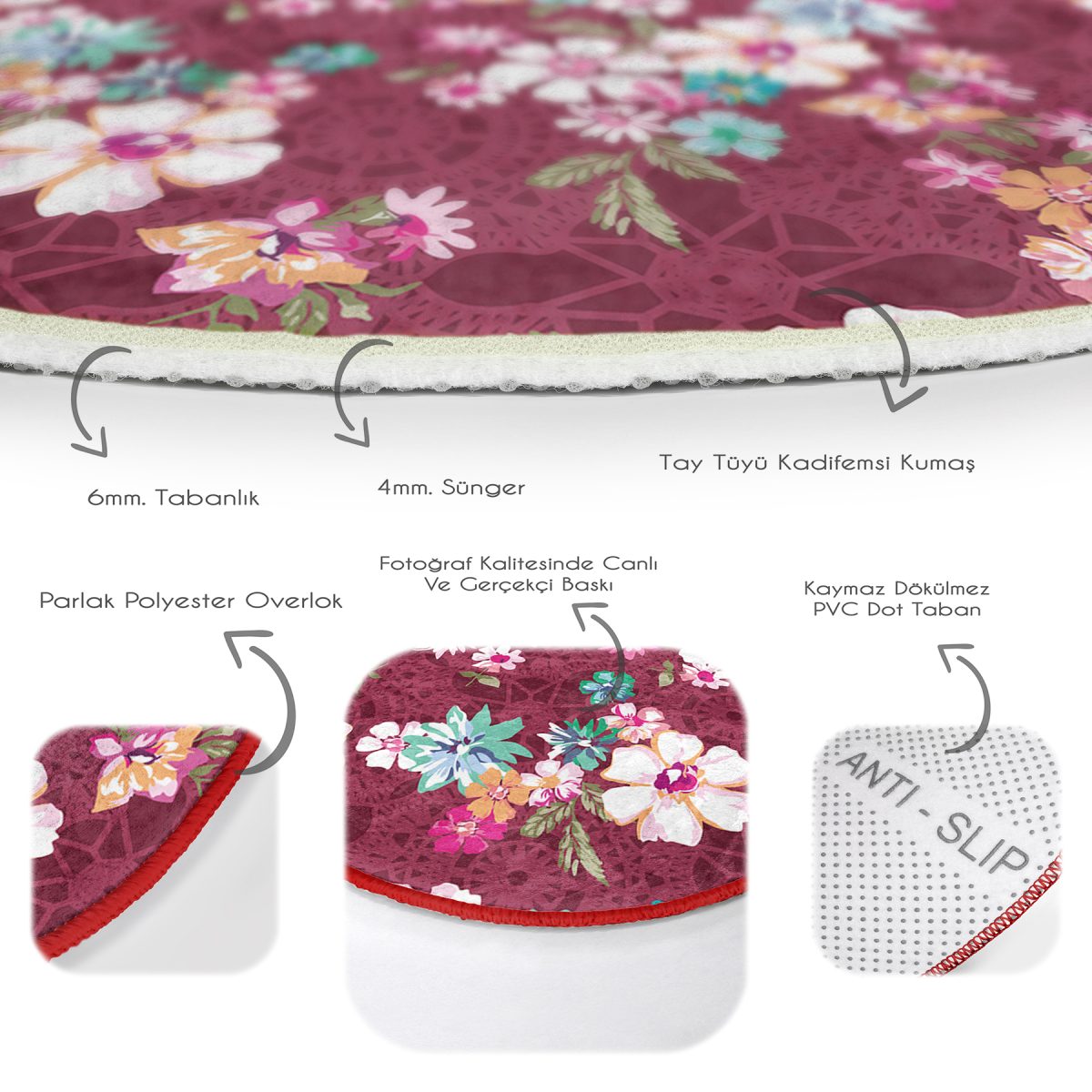 Kırmızı Zeminde Çiçek Motifli Dijital Baskılı Özel Tasarım Modern Pembe Yatak Odası Yıkanabilir Kaymaz Tabanlı Yuvarlak Halı Realhomes