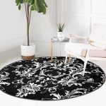 - RealHomes Dijital Baskılı Kaymaz Tabanlı Comfort Yuvarlak Halı - Realhomes  Siyah Zeminde Damask Özel Tasarım Dijital Baskılı Modern Salon ve Oturma Odası Yıkanabilir Kaymaz Tabanlı Yuvarlak Halı Realhomes