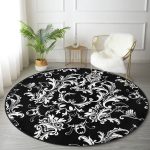 - RealHomes Dijital Baskılı Kaymaz Tabanlı Comfort Yuvarlak Halı - Realhomes  Siyah Zeminde Damask Özel Tasarım Dijital Baskılı Modern Salon ve Oturma Odası Yıkanabilir Kaymaz Tabanlı Yuvarlak Halı Realhomes