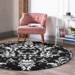 - RealHomes Dijital Baskılı Kaymaz Tabanlı Comfort Yuvarlak Halı - Realhomes  Siyah Zeminde Damask Özel Tasarım Dijital Baskılı Modern Salon ve Oturma Odası Yıkanabilir Kaymaz Tabanlı Yuvarlak Halı Realhomes