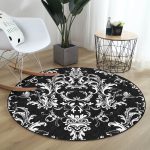 - RealHomes Dijital Baskılı Kaymaz Tabanlı Comfort Yuvarlak Halı - Realhomes  Siyah Zeminde Damask Özel Tasarım Dijital Baskılı Modern Salon ve Oturma Odası Yıkanabilir Kaymaz Tabanlı Yuvarlak Halı Realhomes