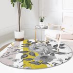 - RealHomes Dijital Baskılı Kaymaz Tabanlı Comfort Yuvarlak Halı - Realhomes  Beyaz Zeminde Çiçek Desenli Özel Tasarım Dijital Baskılı Modern Gri Koridor ve Antre Yıkanabilir Kaymaz Tabanlı Yuvarlak Halı Realhomes