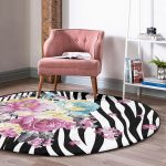 - RealHomes Dijital Baskılı Kaymaz Tabanlı Comfort Yuvarlak Halı - Realhomes  Siyah Beyaz Zebra Zeminde Çiçek Desenli Özel Tasarım Dijital Baskılı Modern Renkli Koridor ve Antre Kaymaz Tabanlı Yuvarlak Halı Realhomes