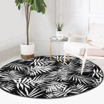 - RealHomes Dijital Baskılı Kaymaz Tabanlı Comfort Yuvarlak Halı - Realhomes  Siyah Zeminde Beyaz Yaprak Tasarımlı Dijital Baskılı Koridor ve Antre Yıkanabilir Kaymaz Tabanlı Yuvarlak Halı Realhomes