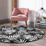 - RealHomes Dijital Baskılı Kaymaz Tabanlı Comfort Yuvarlak Halı - Realhomes  Siyah Zeminde Beyaz Yaprak Tasarımlı Dijital Baskılı Koridor ve Antre Yıkanabilir Kaymaz Tabanlı Yuvarlak Halı Realhomes