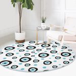 Realhomes Beyaz Zeminde Nazar Boncuklu Dijital Baskılı Modern Lacivert Mutfak Yıkanabilir Kaymaz Tabanlı Yuvarlak Halı Realhomes