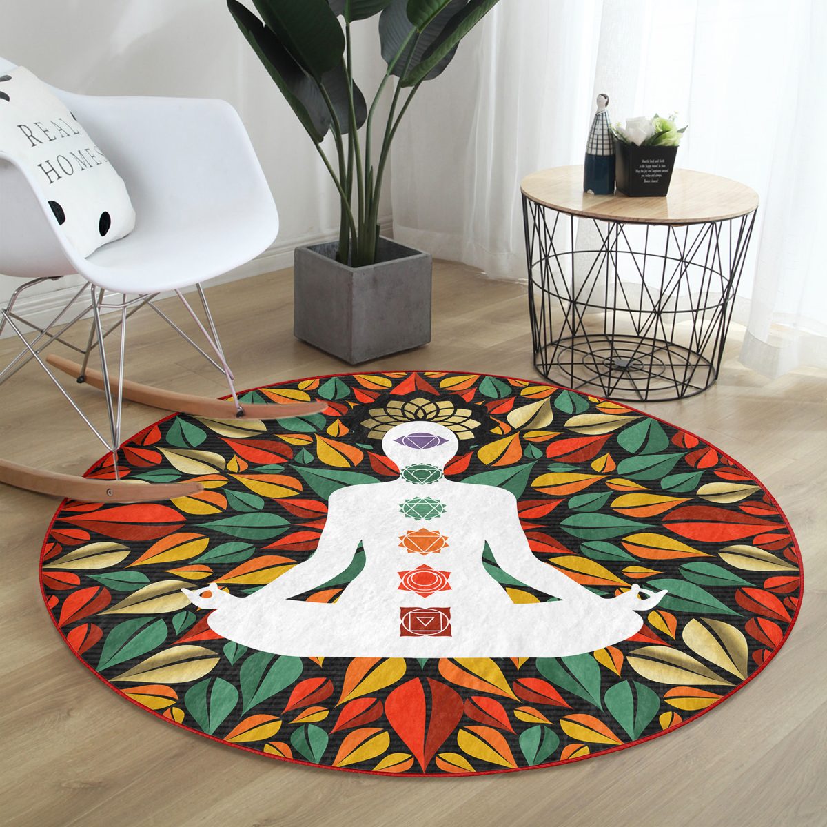 Uzak Doğu Yoga Motifleri Mandala Özel Tasarım Dijital Baskılı Renkli Salon ve Oturma Odası Yıkanabilir Kaymaz Tabanlı Yuvarlak Halı Realhomes