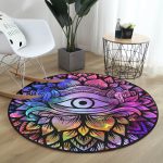 - RealHomes Dijital Baskılı Kaymaz Tabanlı Comfort Yuvarlak Halı - Realhomes Realhomes Siyah Zeminde Renkli Üçüncü Göz Motifli Lacivert Salon ve Oturma Odası Yıkanabilir Kaymaz Tabanlı Yuvarlak Halı Realhomes
